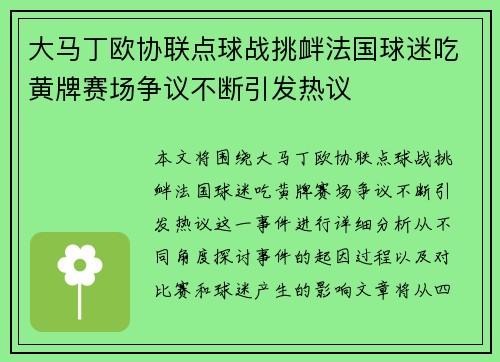 大马丁欧协联点球战挑衅法国球迷吃黄牌赛场争议不断引发热议
