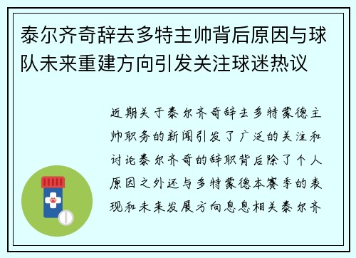 泰尔齐奇辞去多特主帅背后原因与球队未来重建方向引发关注球迷热议 泰尔齐奇辞去多特主帅背后原因与球队未来重建方向引发关注球迷热议